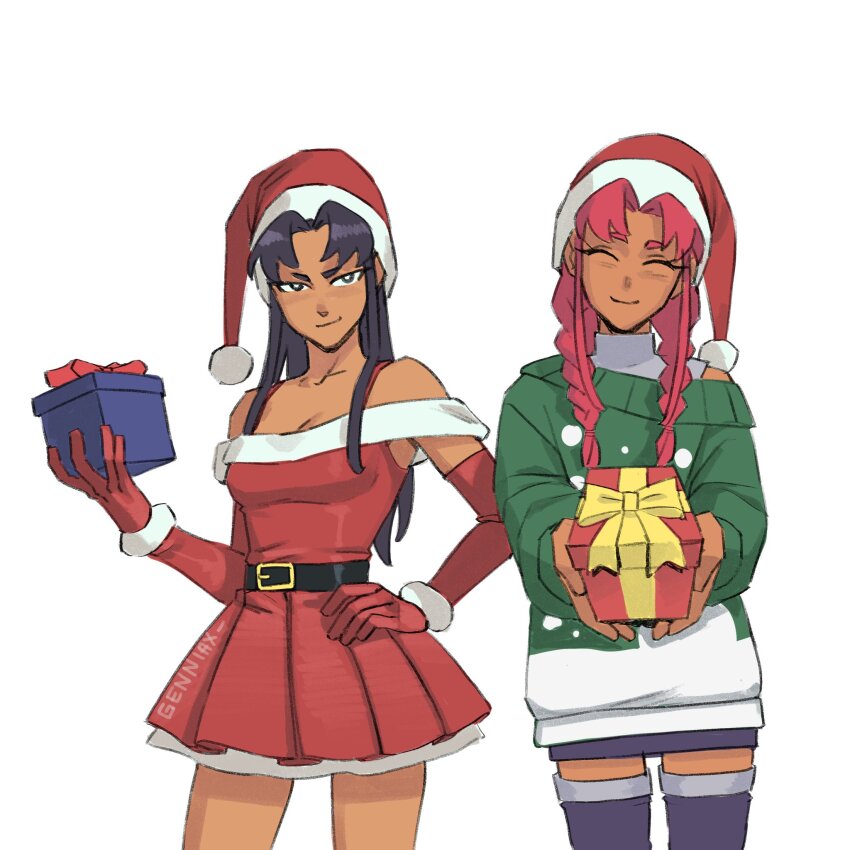2girls bare_shoulders belt black_belt black_hair blackfire closed_eyes dark-skinned_female dark_skin dc_comics dress elbow_gloves genniax gift gloves green_sweater hat highres holding holding_gift multiple_girls purple_thighhighs red_dress red_gloves red_hair red_hat santa_costume santa_dress santa_hat siblings simple_background sisters starfire sweater teen_titans thighhighs white_background