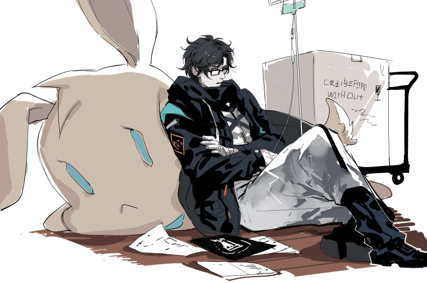 1boy absurdres arknights bandaid bandaid_on_face black_boots black_coat black_hair boots cart chinese_commentary coat commentary_request crossed_arms doctor_(arknights) full_body glasses gloves grey_eyes grey_pants highres hood hooded_coat intravenous_drip male_doctor_(arknights) male_focus oversized_object pants papers parted_lips short_hair solo stuffed_animal stuffed_rabbit stuffed_toy white_background white_gloves xiandao1213
