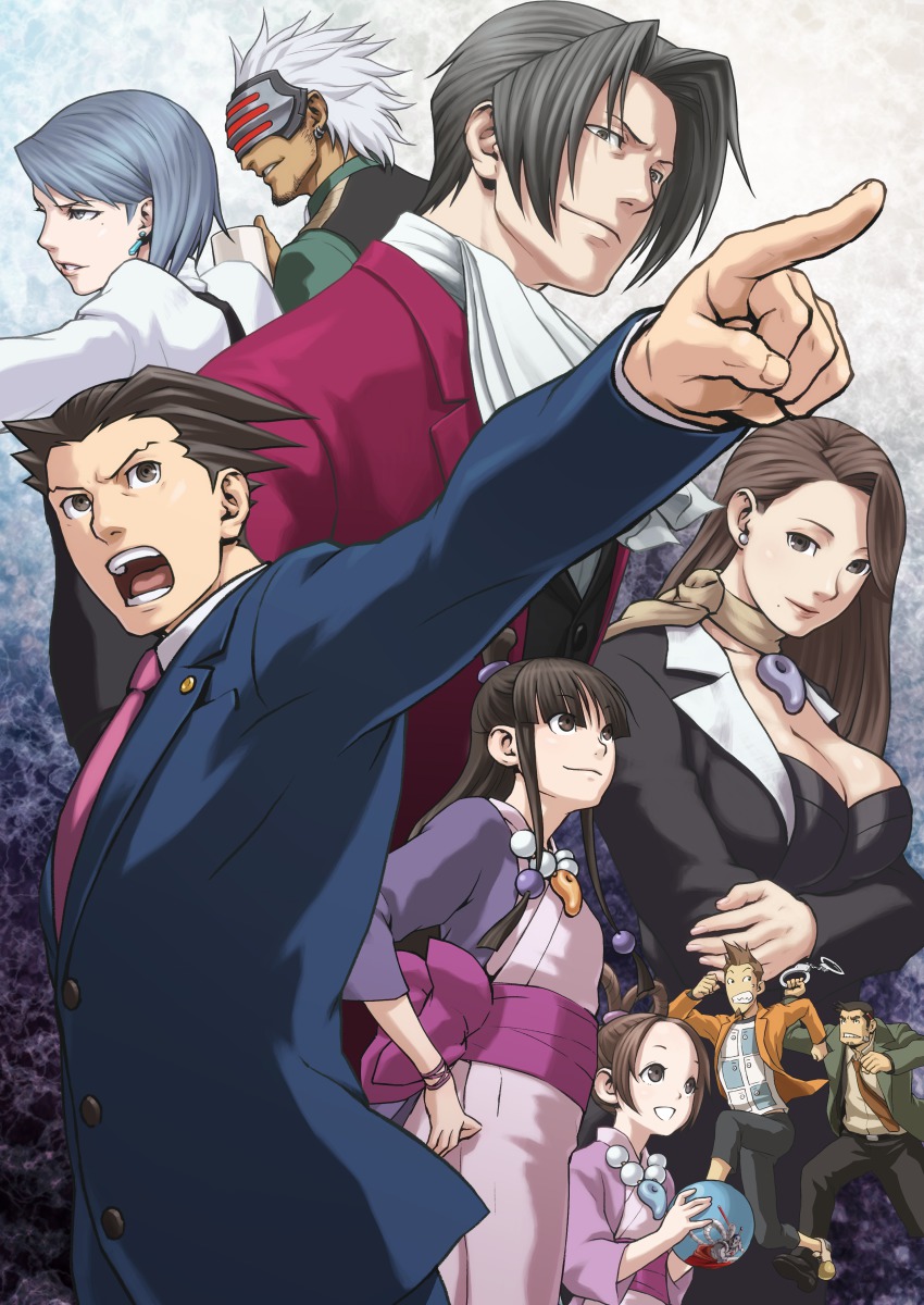4girls 5boys :d absurdres ace_attorney arm_up ascot ball bandaid beads black_eyes black_hair blue_hair blunt_bangs breasts brown_eyes brown_hair capcom chasing child cleavage clenched_hands clenched_teeth coffee_mug cousins crossed_arms cuffs cup detective dick_gumshoe earrings facial_hair fingernails formal_clothes franziska_von_karma goatee godot_(ace_attorney) grey_eyes grey_hair hair_intakes hair_rings hand_on_own_hip handcuffs highres holding iwamoto_tatsurou jacket japanese_clothes jewelry kimono large_breasts larry_butz lipstick long_hair long_sleeves looking_at_viewer looking_up magatama makeup mask maya_fey mia_fey miles_edgeworth mole mole_under_eye mole_under_mouth mug multiple_boys multiple_girls nail_polish necklace necktie no_nose object_behind_ear objection official_art open_mouth outstretched_arm pants pearl_fey pencil_behind_ear phoenix_wright phoenix_wright:_ace_attorney phoenix_wright:_ace_attorney_-_justice_for_all phoenix_wright:_ace_attorney_-_trials_and_tribulations pointing puffy_sleeves running sash scarf sharp_teeth short_hair siblings sisters smile smug spiked_hair steel_samurai stubble suit swept_bangs teeth thick_eyebrows topknot very_short_hair vest white_hair wristband