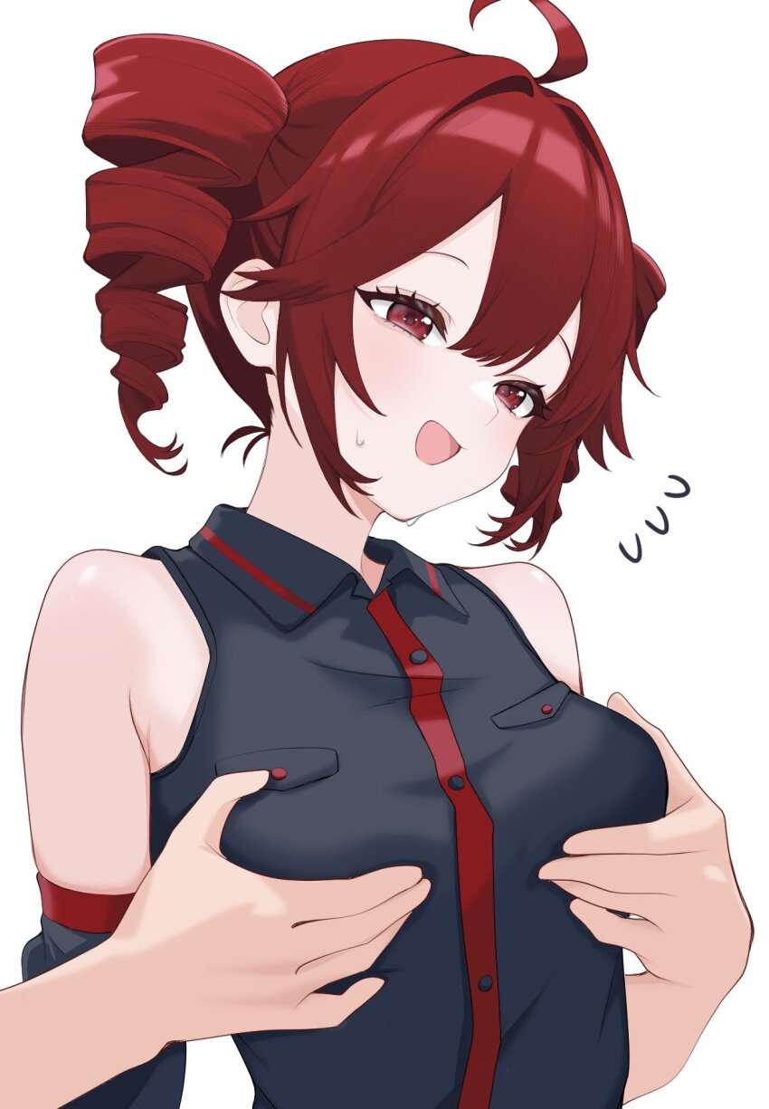 1girl ahoge black_shirt black_sleeves commentary_request detached_sleeves drill_hair grabbing_another&#039;s_breast groping highres inami_(x_spidekawaii_x) kasane_teto open_mouth red_eyes red_hair shirt simple_background smile solo sweatdrop twin_drills upper_body utau white_background