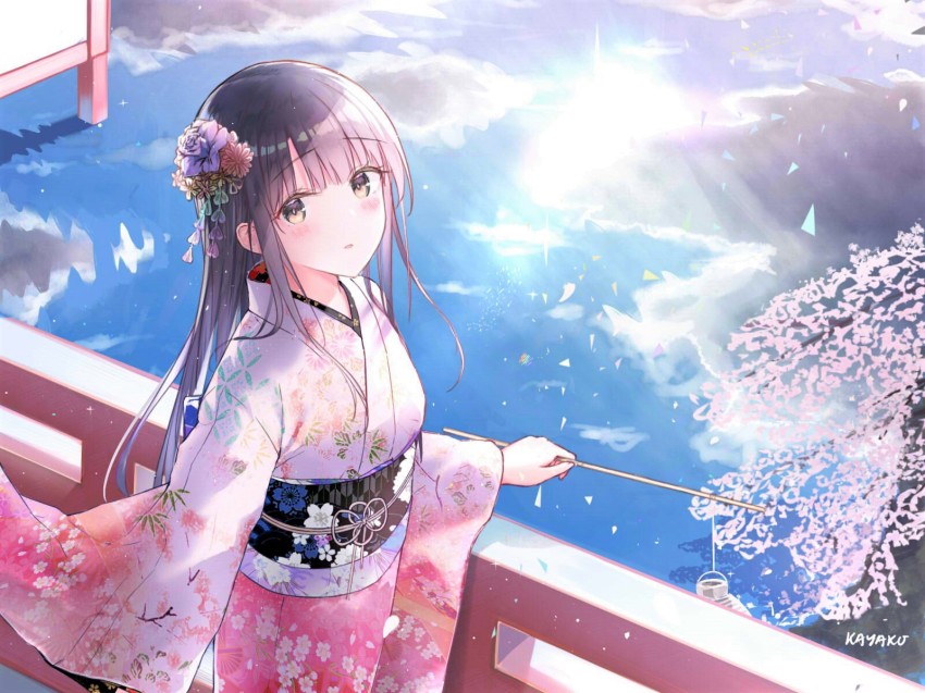 1girl :o artist_name black_hair blue_sky blunt_bangs blush bridge brown_eyes cherry_blossoms cloud cowboy_shot day female_focus flower hair_flower hair_ornament highres holding japanese_clothes katou_megumi kayakooooo kimono long_hair long_sleeves looking_at_viewer obi outdoors parted_lips petals pink_kimono purple_flower purple_rose railing reflection revision rose saenai_heroine_no_sodatekata sash sky solo spring_(season) standing sun sunlight tareme water wide_sleeves