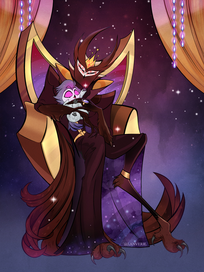 2boys absurdres black_cloak black_sclera cloak colored_sclera commentary crown demon_boy english_commentary father_and_son furry furry_male hellaverse helluva_boss highres lanveril looking_at_another male_focus multiple_boys owl_boy paimon_(helluva_boss) red_eyes sitting stolas_(helluva_boss)