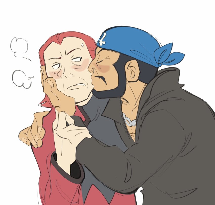 2boys archie_(pokemon) bandana black_eyes black_hair blue_bandana closed_eyes coat commentary facial_hair hand_on_another&#039;s_head hand_on_another&#039;s_shoulder highres jewelry kiss long_sleeves looking_at_another lynn_(daisiloou) male_focus maxie_(pokemon) multiple_boys necklace nintendo parted_lips pokemon pokemon_rse popped_collar red_coat red_hair shirt short_hair simple_background sweatdrop team_aqua upper_body white_background yaoi