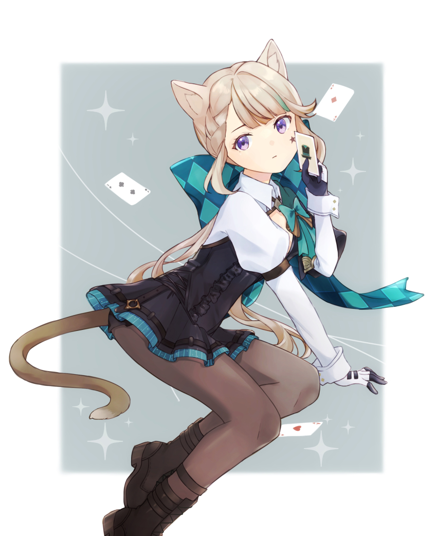 1girl absurdres ace_(playing_card) ace_of_diamonds ace_of_hearts animal_ears black_boots black_gloves black_leotard boots border bow brown_pantyhose card cat_ears cat_girl cat_tail closed_mouth diamond_(shape) expressionless facial_mark foot_out_of_frame genshin_impact gloves green_bow hair_bow hand_up heart highres holding holding_card iroha_(mimi0618xx) juliet_sleeves leotard light_brown_hair long_hair long_sleeves looking_at_viewer lynette_(genshin_impact) multicolored_hair outside_border pantyhose playing_card ponytail puffy_sleeves purple_eyes solo star_(sky) star_(symbol) star_facial_mark streaked_hair swept_bangs tail two-tone_gloves two_of_clubs white_border white_gloves