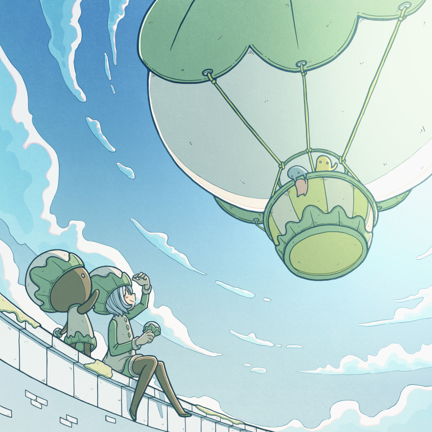 3others absurdres aircraft black_skin blue_hair blue_skin blush cloud colored_skin food food-themed_clothes food-themed_hat green_shoes hat highres holding holding_food hot_air_balloon kashiwa_mochi_(food) looking_up mochi multiple_others on_wall original red_skin shoes sitting sitting_on_wall smile standing standing_on_wall tti_design yellow_skin