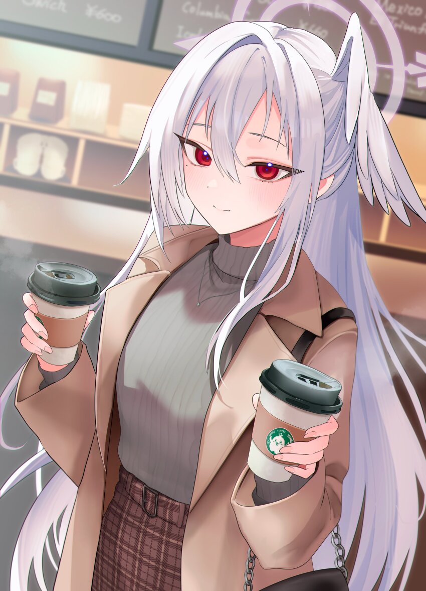 1girl absurdres alternate_costume bag belt black_bag blue_archive brand_name_imitation brown_belt brown_coat brown_skirt cafe casual closed_mouth coat commentary cup disposable_coffee_cup disposable_cup fingernails grey_sweater hair_between_eyes halo handbag head_wings highres holding holding_cup indoors jewelry light_blush light_smile long_hair looking_at_viewer mole mole_under_eye necklace open_clothes open_coat peroro_(blue_archive) plaid_belt plaid_clothes plaid_skirt purple_halo red_eyes ribbed_sweater single_head_wing single_wing skirt smile solo starbucks steam suzumi_(blue_archive) sweater tax_(zeita_gundam) turtleneck turtleneck_sweater white_hair wings