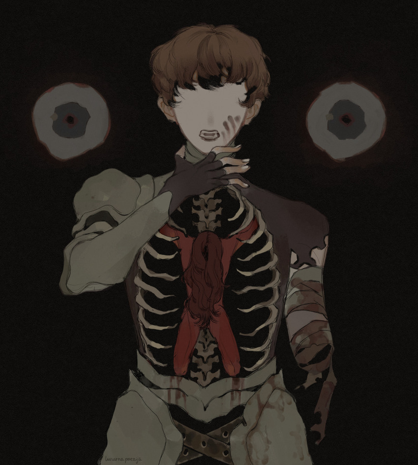 1boy 1girl absurdres amputee armless_amputee armor arms_up bandages belt black_background black_belt black_gloves black_shirt blood blood_on_armor blood_on_clothes blood_on_face bloody_bandages blue_eyes bone bowl_cut brown_hair clothed_female_nude_male colored_skin completely_nude convenient_censoring couter crossed_belts d&#039;arce_(fear_&amp;_hunger) exposed_bone faceless faceless_female faulds fear_&amp;_hunger_(series) fear_&amp;_hunger_1 fingerless_gloves gloves gorget hair_censor hair_over_crotch hand_up hanging head_down highres knight le&#039;garde_(fear_&amp;_hunger) long_hair looking_at_viewer loose_bandages missing_limb multiple_belts no_eyebrows nude open_mouth orange_hair pauldrons plate_armor red_skin rerebrace ribs shirt short_hair shoulder_armor signature simple_background single_fingerless_glove single_glove single_vambrace spine standing teeth thighs torn_bandages torn_clothes torn_shirt upper_body vambraces very_short_hair warrior