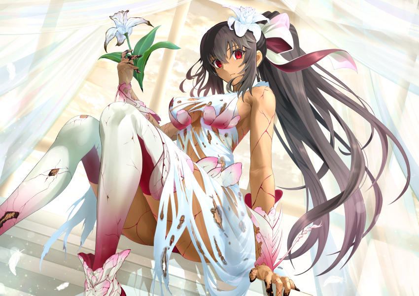 1girl absurdres bare_arms bare_shoulders blood blood_stain bow breasts broken_clothes brown_hair crack cracked_skin curtains dark-skinned_female dark_skin dress fate/zero fate_(series) flower full_body hair_between_eyes hair_bow hair_flower hair_ornament harukey highres holding holding_flower indoors long_hair looking_at_viewer multicolored_shoes ponytail red_eyes shirley_(fate) shoes sitting solo two-tone_bow two-tone_shoes white_dress white_flower window