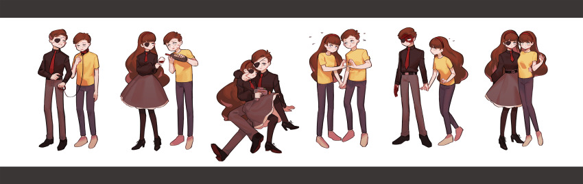 2boys 2girls absurdres alcohol bottle brown_hair chain chain_leash collar cup dress drinking_glass dual_persona evil_morty eyepatch formal_clothes genderswap genderswap_(mtf) hairband highres holding holding_leash leash long_hair morticia_smith morty_smith multiple_boys multiple_girls necktie rick_and_morty shirt short_hair wine wine_bottle wine_glass yellow_shirt