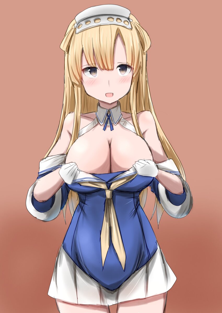absurdres blonde_hair breasts brown_background cleavage double_bun fletcher_(kancolle) gloves hair_bun headgear highres kamaboko_senshi kantai_collection large_breasts long_hair looking_at_viewer open_clothes skirt white_gloves white_skirt