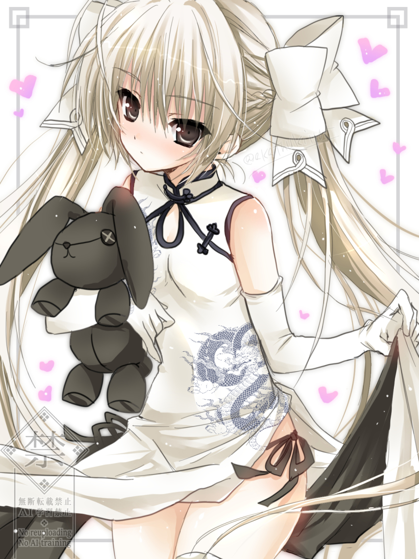 1girl akatsuki_(ggsy7885) alternate_costume black_panties blonde_hair blush bow braid breasts brown_eyes china_dress chinese_clothes closed_mouth commentary_request cowboy_shot dragon_print dress elbow_gloves eyes_visible_through_hair gloves hair_between_eyes hair_bow half_up_braid hand_up heart highres holding holding_stuffed_toy huge_bow kasugano_sora long_hair looking_at_viewer nose_blush panties pelvic_curtain print_dress side-tie_panties simple_background skirt_hold sleeveless sleeveless_dress small_breasts solo straight_hair stuffed_animal stuffed_rabbit stuffed_toy twintails twitter_username underwear very_long_hair watermark white_background white_bow white_dress white_gloves yosuga_no_sora