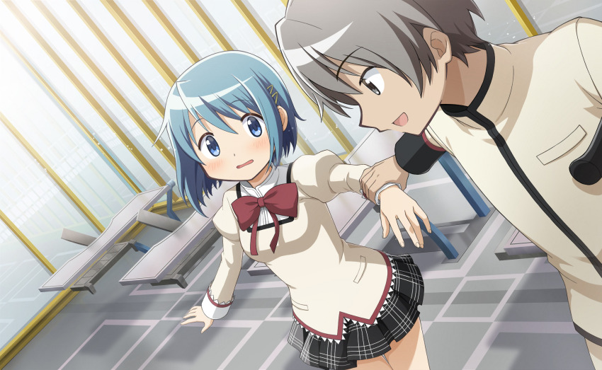 1boy 1girl artist_request black_skirt black_sleeve_cuffs blue_eyes blue_hair blush bow bowtie breast_pocket classroom collared_shirt cowboy_shot crutch dark-skinned_male dark_skin day desk dutch_angle gakuran game_cg grabbing_another&#039;s_arm grey_eyes grey_hair hair_between_eyes hair_ornament hairclip happy high_collar highres indoors jacket juliet_sleeves kamijou_kyousuke lace lace-trimmed_shirt lace-trimmed_sleeves lace_trim light_particles long_sleeves looking_at_viewer mahou_shoujo_madoka_magica mahou_shoujo_madoka_magica_magia_exedra miki_sayaka miniskirt mitakihara_school_uniform nervous official_art open_mouth pants plaid_clothes plaid_skirt pleated_skirt pocket pointy_nose puffy_sleeves red_bow red_bowtie school_desk school_uniform shirt short_hair skirt smile swept_bangs tareme wavy_mouth white_jacket white_pants white_sleeve_cuffs window yellow_shirt