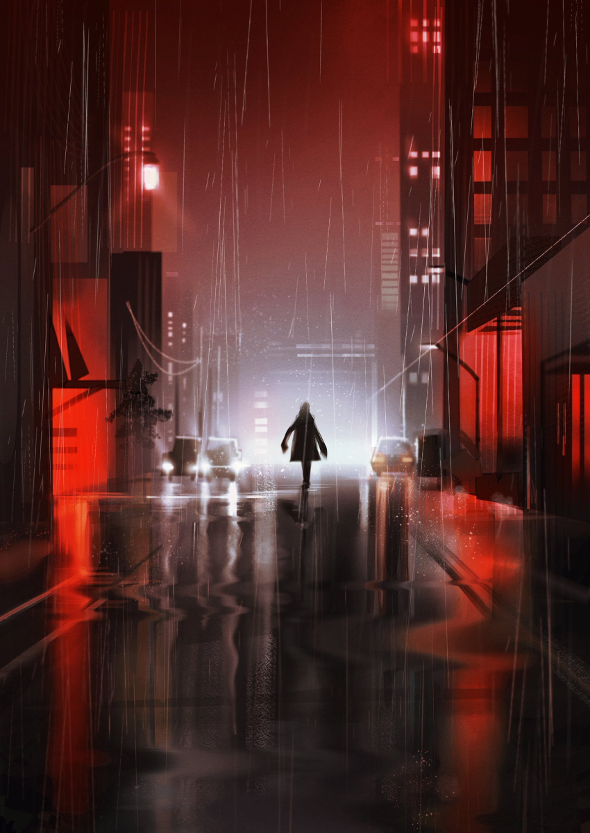 1girl black_coat black_hair black_pants black_shoes car character_request check_character chief_(path_to_nowhere) city coat coat_on_shoulders dress_pants female_chief_(path_to_nowhere) from_behind headlight_beam highres lamppost long_hair motor_vehicle night outdoors pants path_to_nowhere power_lines rain reflective_floor shoes solo toho10min walking wide_shot