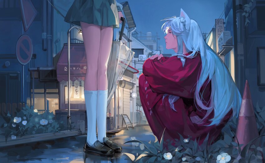 1boy 1girl animal_ears black_shoes city dog_boy dog_ears flower full_body green_skirt hakama highres higurashi_kagome holding holding_umbrella hugging_own_legs inuyasha inuyasha_(character) japanese_clothes lamppost loafers long_hair looking_at_another orange_eyes outdoors pants red_hakama red_pants red_shirt road_sign school_uniform shirt shoes sign skirt socks squatting traffic_cone transparent transparent_umbrella umbrella white_flower white_hair white_shirt white_socks wide_sleeves yangcancan10
