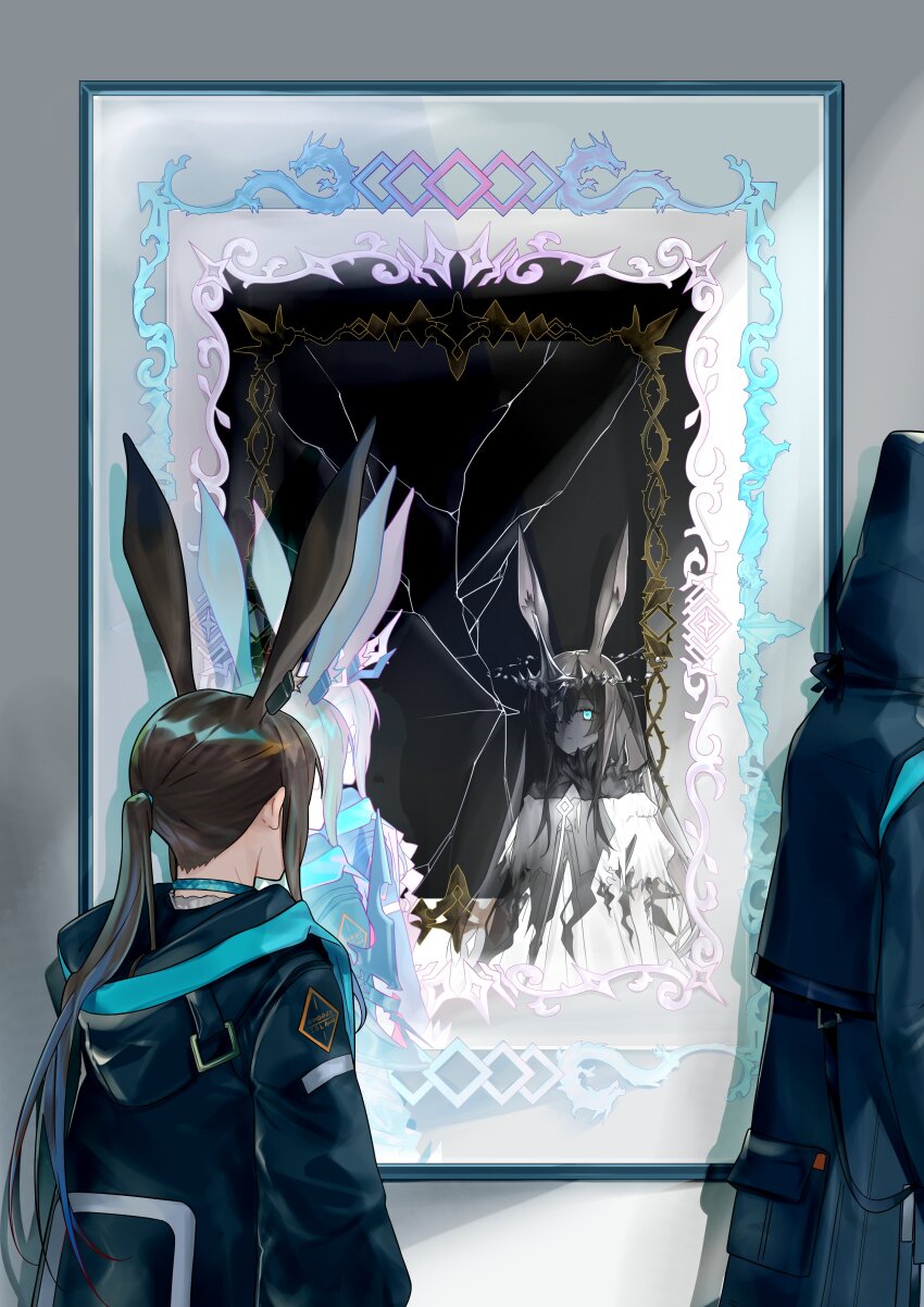 1girl 1other absurdres amiya_(arknights) amiya_(demon_king)_(arknights) amiya_(guard)_(arknights) amiya_(medic)_(arknights) animal_ears arknights black_coat blue_choker blue_eyes brown_hair choker coat different_reflection doctor_(arknights) dress dual_persona extra_ears from_behind furiwo highres holding hood hood_down hood_up hooded_coat long_hair looking_at_mirror mirror ponytail rabbit_ears reflection shattered sidelocks veil white_dress