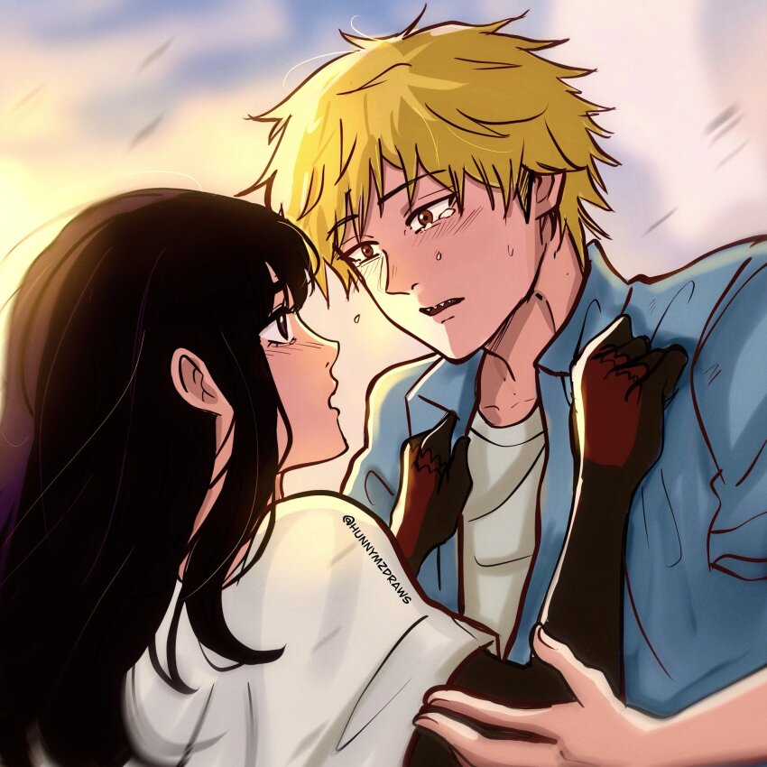 1boy 1girl black_hair blonde_hair chainsaw_man collared_shirt denji_(chainsaw_man) hetero highres hunnymzdraws long_hair long_sleeves looking_at_another mitaka_asa open_mouth red_eyes shirt short_hair simple_background twitter_username white_shirt