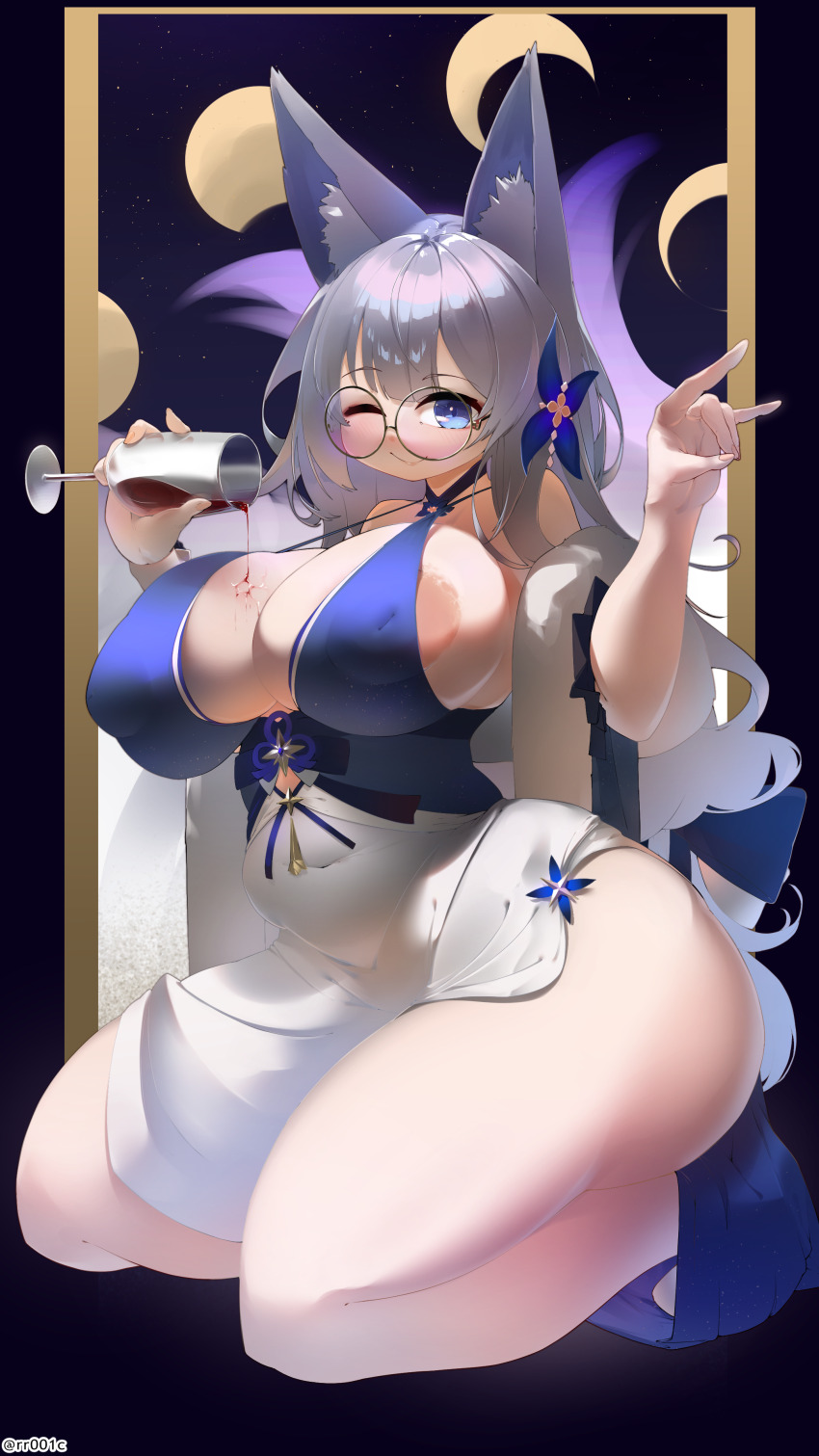 1girl alcohol animal_ears areola_slip azur_lane bare_shoulders blue_dress blue_eyes breasts covered_erect_nipples covered_navel crr001 cup dress drinking_glass evening_gown fox_ears fox_girl fox_shadow_puppet fox_tail gradient_tail half_moon halter_dress halterneck huge_breasts kneeling large_areolae large_ears moon multiple_tails night night_sky one_eye_closed plump pouring pouring_onto_self purple_tail shinano_(azur_lane) sideboob sky smile soli solo tail thick_thighs thighs two-tone_dress white_dress white_tail wine wine_glass wink