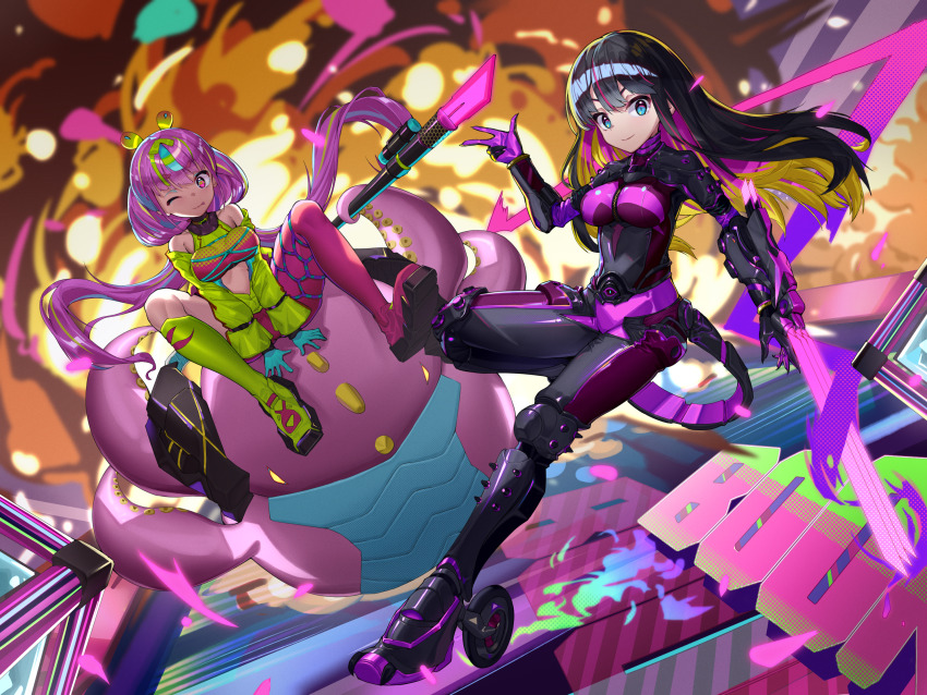 2girls black_hair blonde_hair blue_eyes bodysuit boots breasts claw_(weapon) colored_inner_hair commentary_request explosion full_body girls&#039;_frontline girls&#039;_frontline_neural_cloud gloves green_jacket highres jacket laomotou large_breasts long_hair looking_at_viewer monster multicolored_bodysuit multicolored_hair multiple_girls nascita_(neural_cloud) one_eye_closed pink_eyes pink_hair puzzle_(neural_cloud) smile symbol-shaped_pupils tentacles very_long_hair w weapon wheel