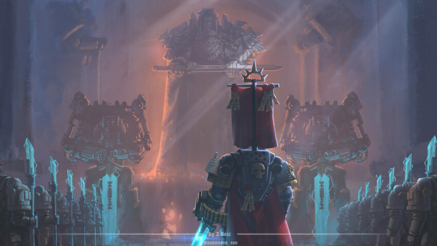 6+boys absurdres adeptus_astartes ammunition_belt armor armor_writing artist_name banner battle_standard bolter book cloak emperor_of_mankind energy_spear energy_sword grey_knight highres holding holding_sword holding_weapon imperial_aquila male_focus multiple_boys power_armor purity_seal red_cloak skull_ornament statue sun_symbol sword titan_(warhammer_40k) war_banner warhammer_40k weapon zhang_bozi