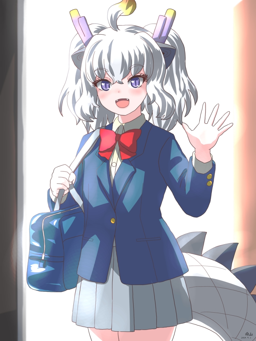 1girl alternate_costume animal_ears bag blue_jacket blush bow bowtie collared_shirt cowboy_shot dragon_ears dragon_girl dragon_horns dragon_tail fangs grey_skirt hair_between_eyes highres horns jacket kemono_friends kemono_friends_3 long_sleeves looking_at_viewer mukouyama_mu open_mouth pleated_skirt purple_eyes red_bow red_bowtie school_bag school_uniform shirt short_hair sidelocks skirt slit_pupils solo tail twintails waving white_dragon_(kemono_friends) white_hair white_shirt
