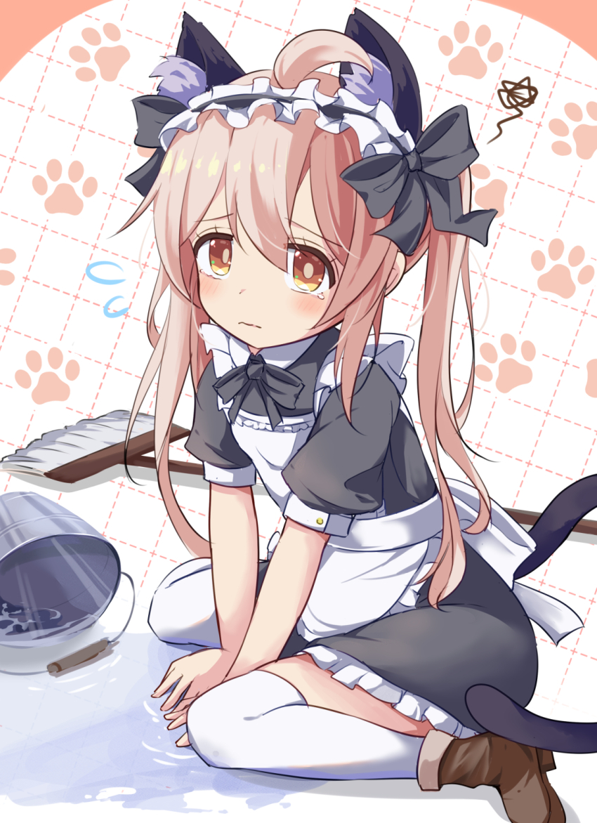 1girl ahoge alternate_costume animal_ears apron bow brown_eyes cat_ears cat_tail enmaided frills highres kazura long_hair maid maid_headdress onii-chan_wa_oshimai! oyama_mahiro sitting solo tail thighhighs twintails white_thighhighs