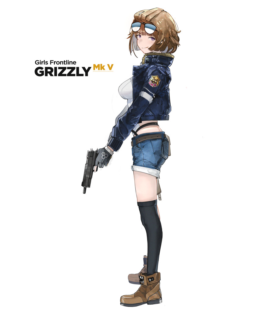 1girl absurdres boots breasts brown_hair character_name commentary copyright_name denim denim_shorts english_commentary eyewear_on_head fingerless_gloves from_side full_body fur_collar girls&#039;_frontline gloves grizzly_mkv_(girls&#039;_frontline) gun handgun highres holding holding_gun holding_weapon jacket l.a.r._manufacturing lar_grizzly_win_mag large_breasts looking_at_viewer open_clothes open_jacket purple_eyes shirt short_hair shorts smile solo sunglasses swimnemo thighhighs trigger_discipline weapon white_background white_shirt