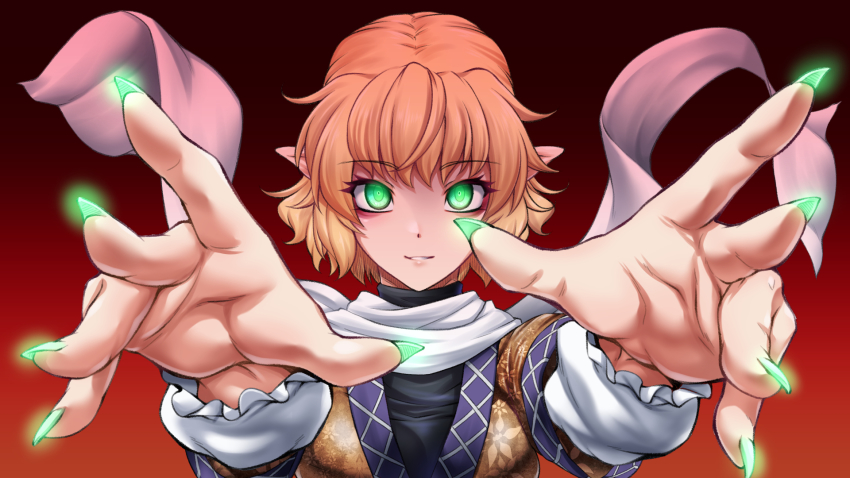 1girl black_shirt blonde_hair breasts brown_shirt commentary_request fingernails glowing glowing_eyes glowing_nails gradient_background green_eyes green_nails highres looking_at_viewer medium_breasts mizuhashi_parsee nail_polish ootsuki_wataru parted_lips pointy_ears reaching reaching_towards_viewer red_background scarf sharp_fingernails shirt short_hair smile solo touhou undershirt upper_body white_scarf