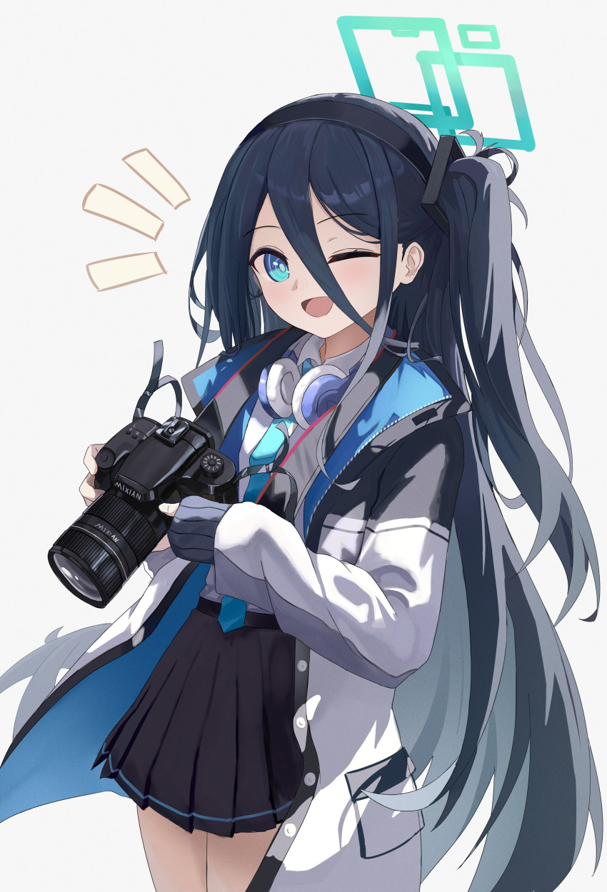 1girl absurdres aqua_halo aris_(blue_archive) black_hair black_hairband black_skirt blue_archive blue_eyes blue_necktie camera collared_shirt hair_between_eyes hairband halo headphones headphones_around_neck highres holding holding_camera jacket long_bangs long_hair long_sleeves mixian necktie one_eye_closed open_clothes open_jacket open_mouth pleated_skirt school_uniform shirt simple_background skirt sleeves_past_wrists smile solo very_long_hair white_background white_jacket white_shirt