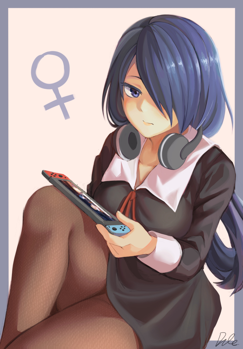1girl absurdres black_dress black_pantyhose blue_eyes blush breasts collarbone commentary_request dress dule_(anhaidule) female_focus genderswap genderswap_(mtf) hair_over_one_eye handheld_game_console headphones headphones_around_neck highres holding holding_handheld_game_console ishigami_yuu kaguya-sama_wa_kokurasetai_~tensai-tachi_no_renai_zunousen~ long_hair long_sleeves looking_at_viewer medium_breasts nintendo_switch pantyhose purple_hair red_ribbon ribbon school_uniform shuuchiin_academy_school_uniform signature solo twintails venus_symbol