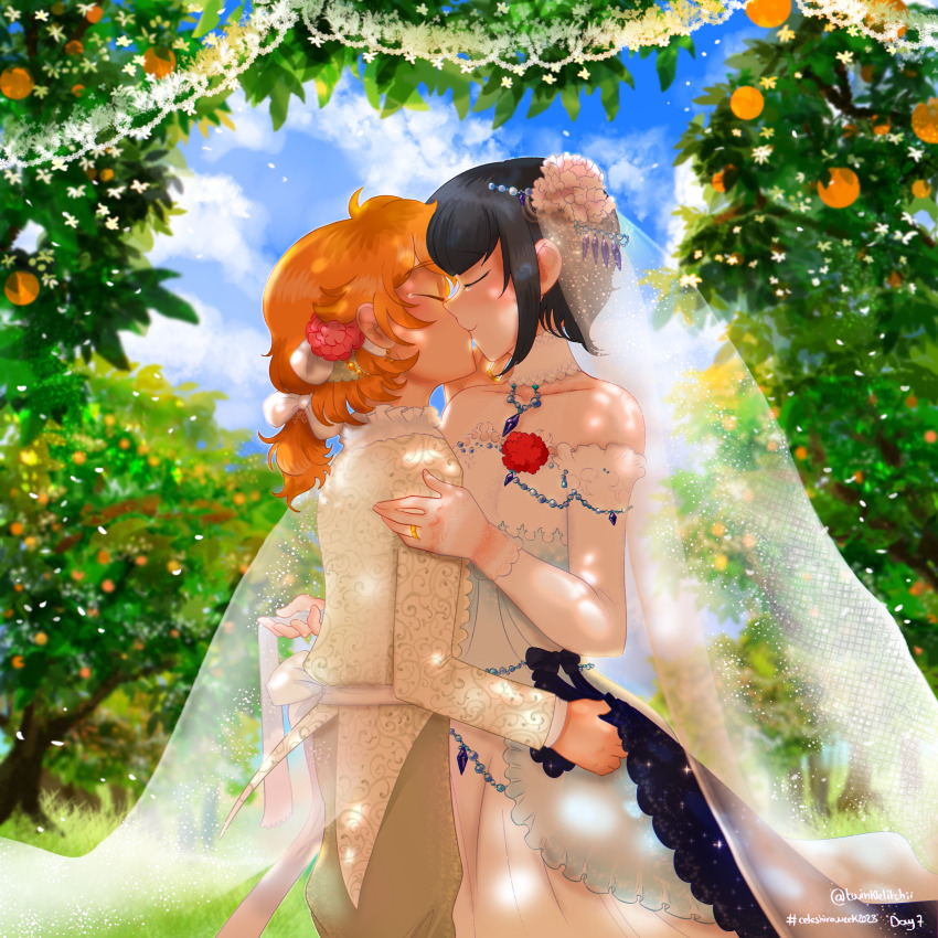 1boy 1girl absurdres alternate_costume alternate_hair_length alternate_hairstyle bow brown_pants celestia_ludenberg closed_eyes cowboy_shot danganronpa:_trigger_happy_havoc danganronpa_(series) day dress facing_another flower food from_side fruit fujisaki_chihiro hair_bow hair_flower hair_ornament hetero highres husband_and_wife kiss medium_hair off-shoulder_dress off_shoulder orange_(fruit) orange_hair outdoors pants pink_flower profile red_flower short_hair smile tree twinklelitchii veil wedding_dress white_bow