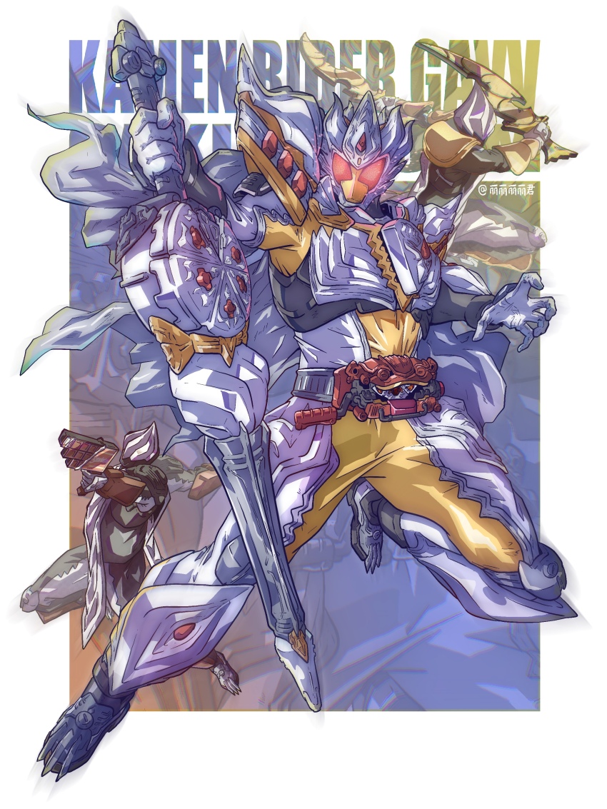 3boys absurdres armor caking cape chocodan_(brown_chocolate) dual_wielding full_armor glowing glowing_eyes gun henshin_belt_gavv highres holding holding_gun holding_sword holding_weapon kamen_rider kamen_rider_(1st_series) kamen_rider_gavv kamen_rider_gavv_(caking_form) kamen_rider_gavv_(series) li_li_li_li_jun male_focus multiple_boys red_eyes rider_belt sword tabard tokusatsu weapon whip_party white_armor white_cape white_tabard zakuzaku_chips