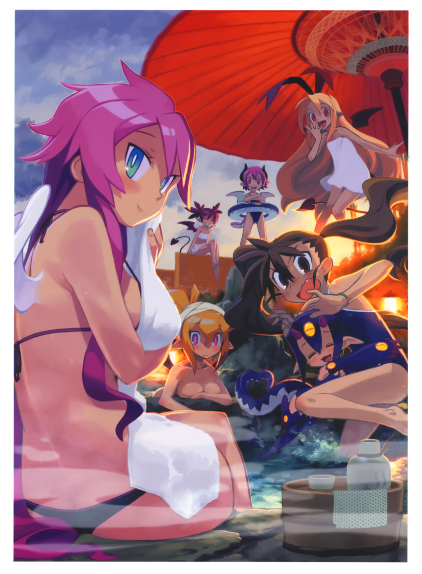 6+girls :3 :d =_= absurdres angel_wings artina_(disgaea) ass bare_shoulders bat_wings bikini blonde_hair blue_eyes blush breast_press breasts bright_pupils brown_eyes brown_hair cleavage cloud cloudy_sky crossed_arms crossed_legs demon_tail demon_wings desco_(disgaea) disgaea embarrassed etna_(disgaea) fang flat_chest flonne flonne_(fallen_angel) glomp hand_to_own_mouth highres horns hug innertube ishikawa_hideki kazamatsuri_fuuka large_breasts leg_up long_hair looking_at_viewer looking_back makai_senki_disgaea makai_senki_disgaea_2 makai_senki_disgaea_3 makai_senki_disgaea_4 multiple_girls nippon_ichi oil-paper_umbrella one-piece_swimsuit onsen open_mouth pink_eyes pink_hair pointy_ears raspberyl red_eyes rozalin school_swimsuit sideboob sitting sky slit_pupils smile steam strap_slip sun sweatdrop swim_ring swimsuit tail towel towel_on_head twintails umbrella very_long_hair vulcanus_(disgaea_4) wings wristband