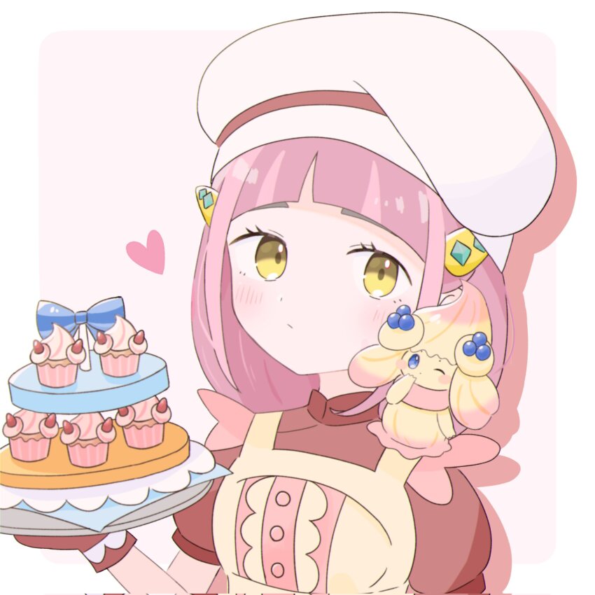 1girl alcremie alcremie_(berry_sweet) apron brown_eyes closed_mouth cosplay cupcake dawn_(pokemon) dawn_(pokemon)_(cosplay) dress food gen_8_pokemon hair_ornament hairclip hat heart highres holding_tiered_tray lacey_(pokemon) looking_at_viewer nintendo on_shoulder pink_hair pokemon pokemon_(creature) pokemon_masters_ex pokemon_on_shoulder pokemon_sv red_dress sugoiumainegi tiered_tray upper_body white_hat