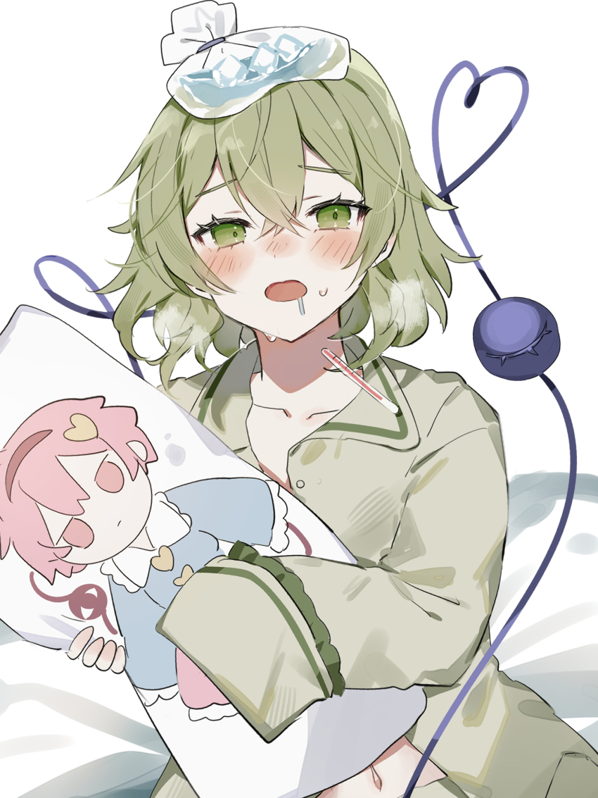 1girl bed_sheet blush collared_shirt commentary dakimakura_(object) drooling green_eyes green_hair green_shirt heart heart_of_string highres holding holding_pillow ice_pack komeiji_koishi komeiji_satori liquid-in-glass_thermometer long_sleeves looking_at_viewer pajamas pillow pink_hair shirt short_hair sick simple_background sleeves_past_fingers sleeves_past_wrists sorani_(kaeru0768) sweat thermometer third_eye touhou visible_air white_background