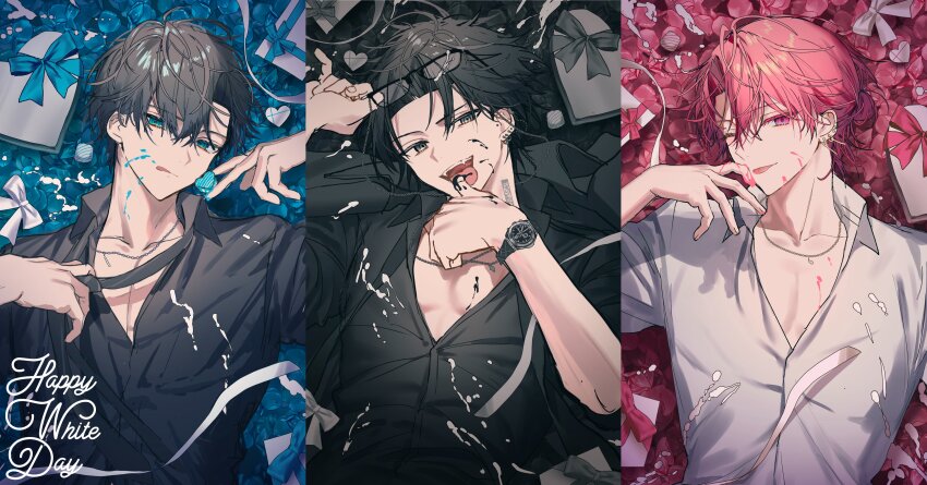 3boys absurdres aqua_eyes black-framed_eyewear black_hair black_jacket black_necktie black_petals black_ribbon black_shirt blue_petals blue_ribbon box chain chain_necklace chocolate clothes_grab clothes_pull collage collarbone colored_eyelashes commentary_request ear_piercing earrings eyeshadow eyewear_on_head fangs food gift gift_box grey_eyes hair_between_eyes happy_white_day heart-shaped_box highres holding holding_chocolate holding_food holding_removed_eyewear hot_chocolate huzurina_suruba jacket jacket_on_shoulders jewelry licking_own_finger looking_at_viewer lying makeup male_focus mole mole_above_eye mole_on_arm multiple_boys neck_tattoo necklace necktie necktie_grab neckwear_grab on_back on_petals one_eye_closed open_mouth original pectorals piercing pink_eyes pink_hair pink_petals pink_ribbon red_eyeshadow ribbon shirt shirt_pull short_hair smearing tattoo tongue tongue_out unworn_eyewear upper_body watch white_chocolate white_day white_ribbon white_shirt wristwatch