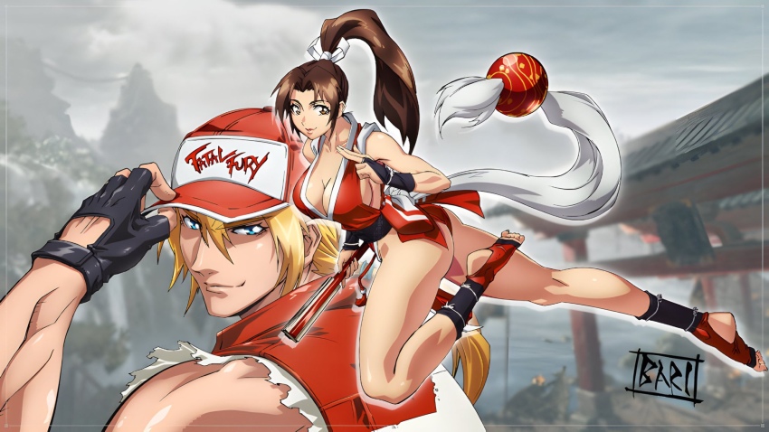 1boy 1girl ass bare_legs bare_shoulders baseball_cap black_gloves blonde_hair blue_eyes blurry blurry_background breasts brown_eyes brown_hair cleavage closed_mouth commentary_request fatal_fury fingerless_gloves full_body game_cg gloves hair_ornament hand_fan hat hat_tip high_ponytail highres holding holding_fan jacket kneepits kuji-in large_breasts legs long_hair looking_at_viewer ninja official_art oobari_masami outdoors parted_lips ponytail red_jacket revealing_clothes sash shiranui_mai shirt signature sleeveless sleeveless_jacket sleeveless_shirt smile street_fighter street_fighter_6 terry_bogard thighs toeless_socks torn_clothes torn_shirt upper_body