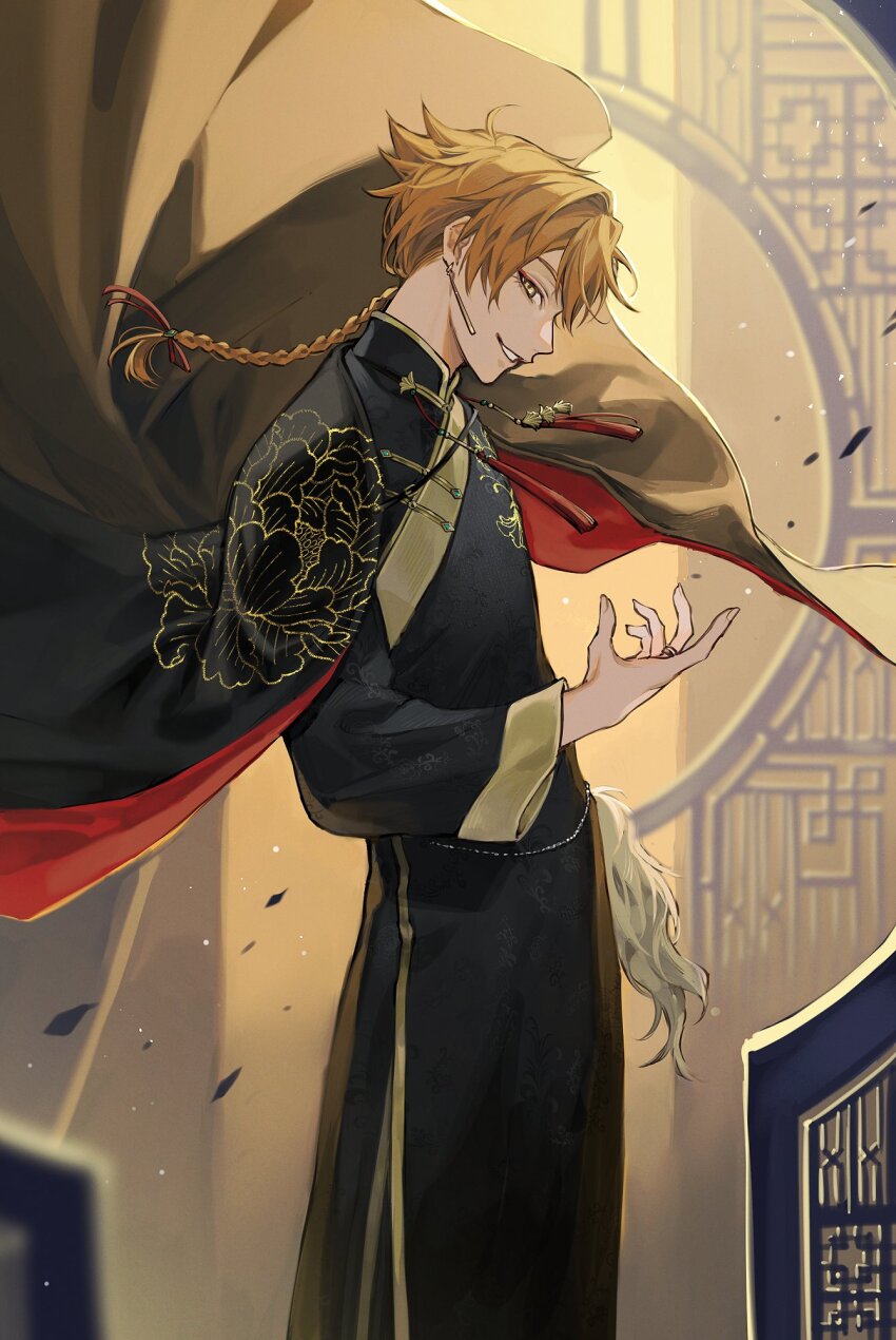 1boy architecture black_cape black_robe blonde_hair blurry braid cape changpao chinese_clothes cowboy_shot depth_of_field earrings east_asian_architecture embroidery eyeliner falling_petals floral_print from_side fushimi_gaku hair_between_eyes hair_ribbon hand_up highres jewelry long_hair long_sleeves looking_at_viewer male_focus moon_gate nijisanji parted_lips peony_print petals profile red_eyeliner red_ribbon ribbon ring robe sideways_glance single_braid smile solo standing tassel uminonew virtual_youtuber yellow_eyes