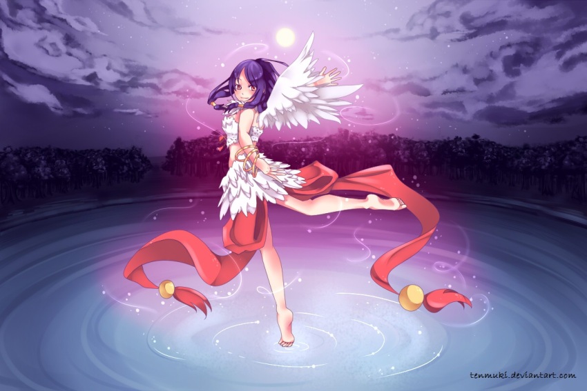 1girl back_bow bangle barefoot bikini blush bow bracelet breasts closed_mouth commentary dancing english_commentary feather_trim feathered_wings full_body full_moon jewelry lake large_bow looking_at_viewer medium_breasts medium_hair moon outdoors pink_eyes purple_hair purple_sky ragnarok_online red_bow ripples sky smile solo standing standing_on_one_leg swimsuit tenmuki tiptoes tree wanderer_(ragnarok_online) water white_bikini white_wings wings