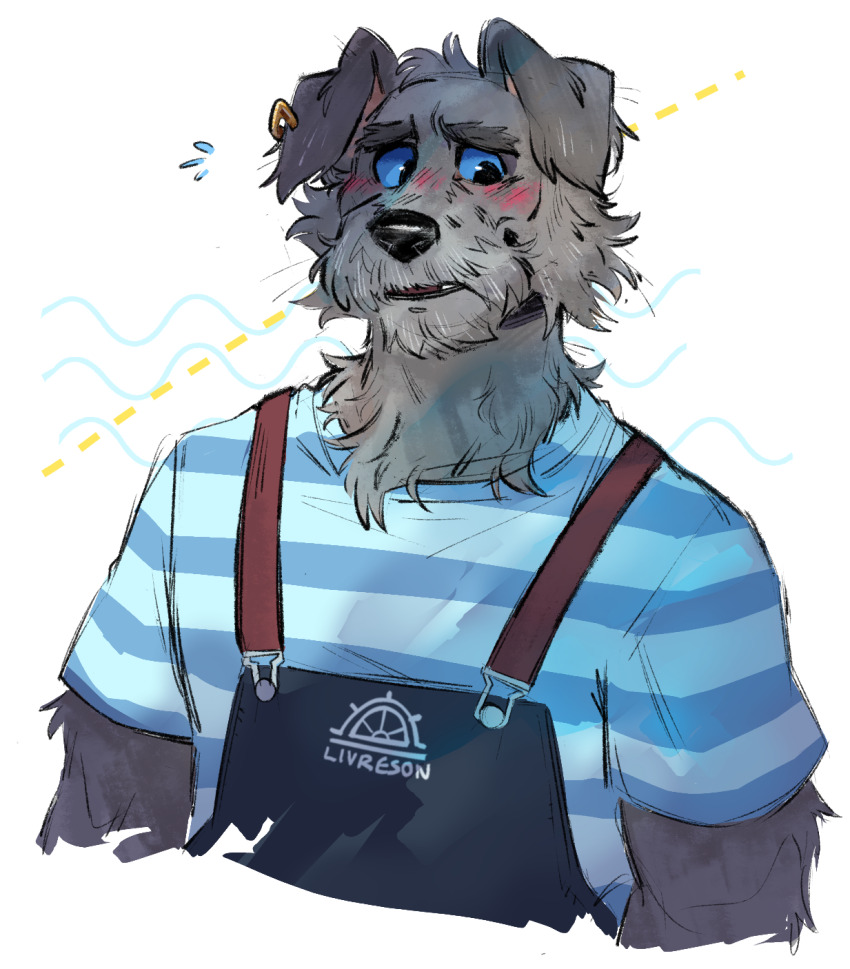 1boy animal_ears blush commentary dawntide dog_boy dog_ears earrings eenocs english_commentary flying_sweatdrops furry furry_male highres jewelry male_focus overalls ranzo_(dawntide) shirt single_earring striped_clothes striped_shirt upper_body white_background