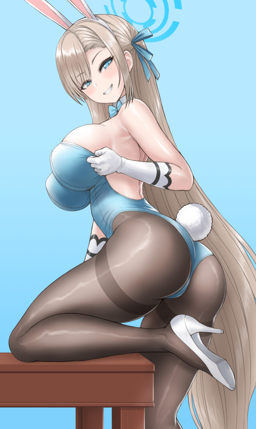 1girl :d absurdly_long_hair animal_ears armpits ass asuna_(blue_archive) asuna_(bunny)_(blue_archive) black_pantyhose blue_archive blue_background blue_eyes blue_leotard bow braid breasts commentary_request elbow_gloves eyes_visible_through_hair fake_animal_ears fake_tail from_behind gloves grey_hair grin hair_bow hairband halo head_tilt high_heels highres large_breasts leg_support leotard long_hair looking_at_viewer looking_back open_mouth pantyhose parted_bangs playboy_bunny poorgom rabbit_ears rabbit_tail sideboob sidelocks simple_background sleeveless smile solo standing standing_on_one_leg strapless strapless_leotard table tail twisted_torso very_long_hair white_footwear white_gloves