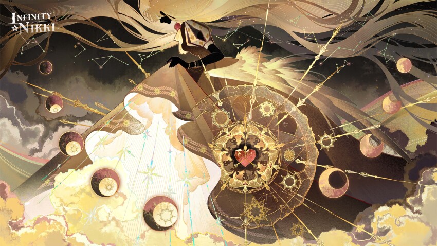 1girl absurdly_long_hair absurdres artist_request bead_bracelet beads blonde_hair bracelet brown_dress cloud constellation copyright_name dress floating_hair frilled_dress frills full_body gem gown heart-shaped_gem highres infinity_nikki jewelry light_particles logo long_dress long_hair multiple_bracelets nikki_(series) official_art official_wallpaper puffy_short_sleeves puffy_sleeves red_gemstone second-party_source short_sleeves skirt_hold solo star_(symbol) vertical-striped_sleeves very_long_hair yellow_theme