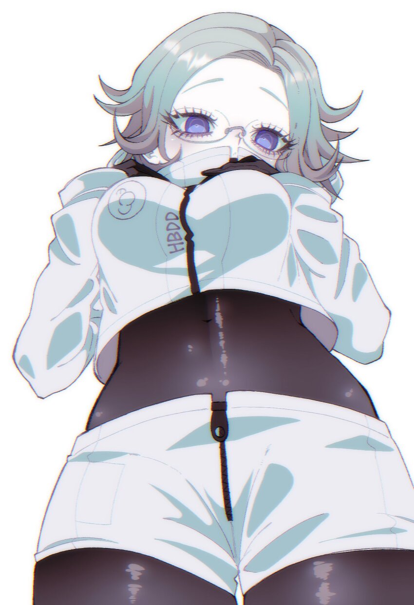 1girl aotsuki_eito black_bodysuit black_gloves blue_eyes bodysuit breasts crop_top eyelashes female_focus from_below genderswap genderswap_(mtf) glasses gloves jacket large_breasts long_sleeves looking_at_viewer looking_down parted_lips shirt shorts solo solo_focus the_hundred_line_-last_defense_academy- white_background white_hair white_jacket white_shirt white_shorts zipper zipper_pull_tab