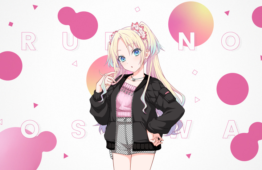 1girl :o abstract_background black_jacket blonde_hair blue_eyes blue_hair casual character_name checkered_clothes checkered_shorts collarbone cowboy_shot curtained_hair flower game_cg gradient_hair hair_flower hair_ornament hand_on_own_hip hand_up highres holding holding_own_hair jacket jewelry leather leather_jacket light_blue_hair link!_like!_love_live! long_hair looking_at_viewer love_live! multicolored_hair necklace official_alternate_costume official_art open_clothes open_jacket osawa_rurino osawa_rurino_(summer_casual) parted_bangs parted_lips pink_flower pink_shirt safety_pin shirt short_shorts shorts solo third-party_source twintails virtual_youtuber white_background