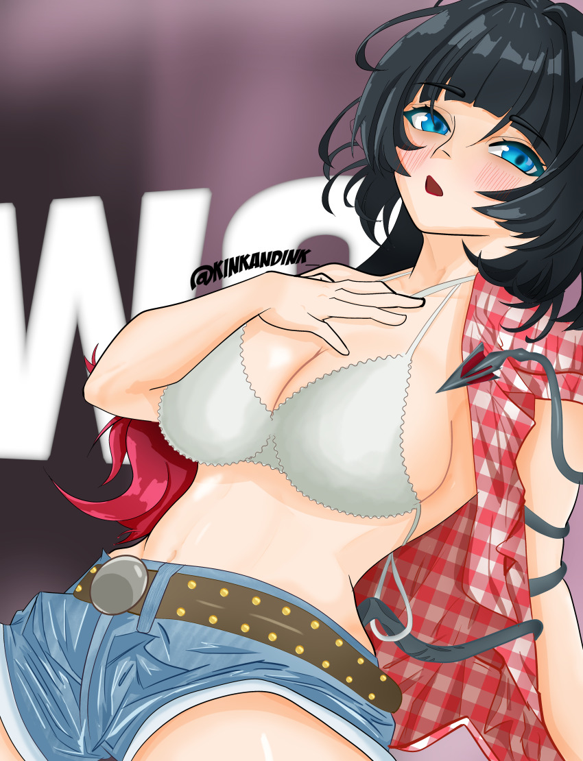 absurdres belt blue_eyes blush breasts brown_belt cosplay denim denim_shorts gingham gingham_shirt highres jane_doe_(zenless_zone_zero) kinkandink kwon_eun-bi large_breasts looking_at_viewer mouse_girl mouse_tail navel shorts sideboob tail zenless_zone_zero