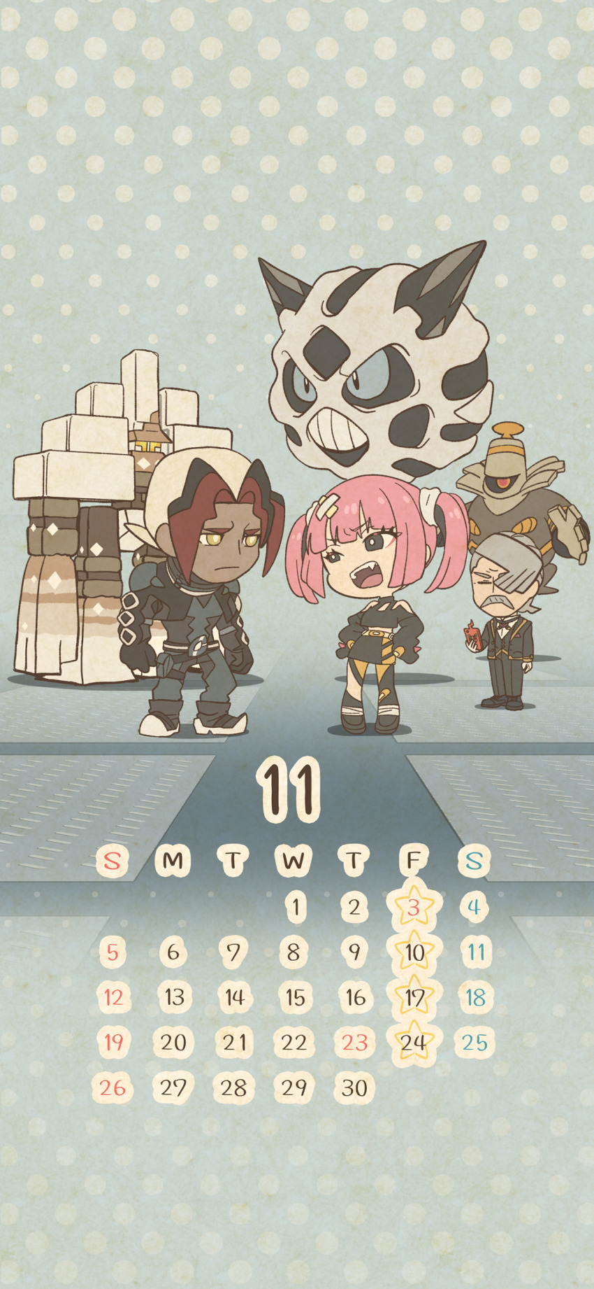 1girl 2boys 3others absurdres asymmetrical_legwear belt belt_buckle black_eyes black_footwear black_pantyhose black_shirt black_skirt boots brown_jacket buckle calendar chibi clenched_hands closed_mouth coral_(pokemon) dark-skinned_male dark_skin dusknoir eyeliner fang frown full_body garganacl gen_3_pokemon gen_4_pokemon glalie green_pants green_shirt grey_footwear hair_ornament hamber_(pokemon) highres horns jacket knees long_hair long_sleeves looking_at_another makeup male_focus mojacookie multicolored_hair multiple_boys multiple_others nintendo off-shoulder_shirt off_shoulder official_art open_clothes open_jacket open_mouth pants pantyhose parted_bangs phone pink_eyeliner pink_hair pokemon pokemon_(anime) pokemon_horizons shirt shoes sidian_(pokemon) skirt sleeves_past_fingers sleeves_past_wrists standing strap transparent_background twintails white_hair yellow_belt yellow_eyes
