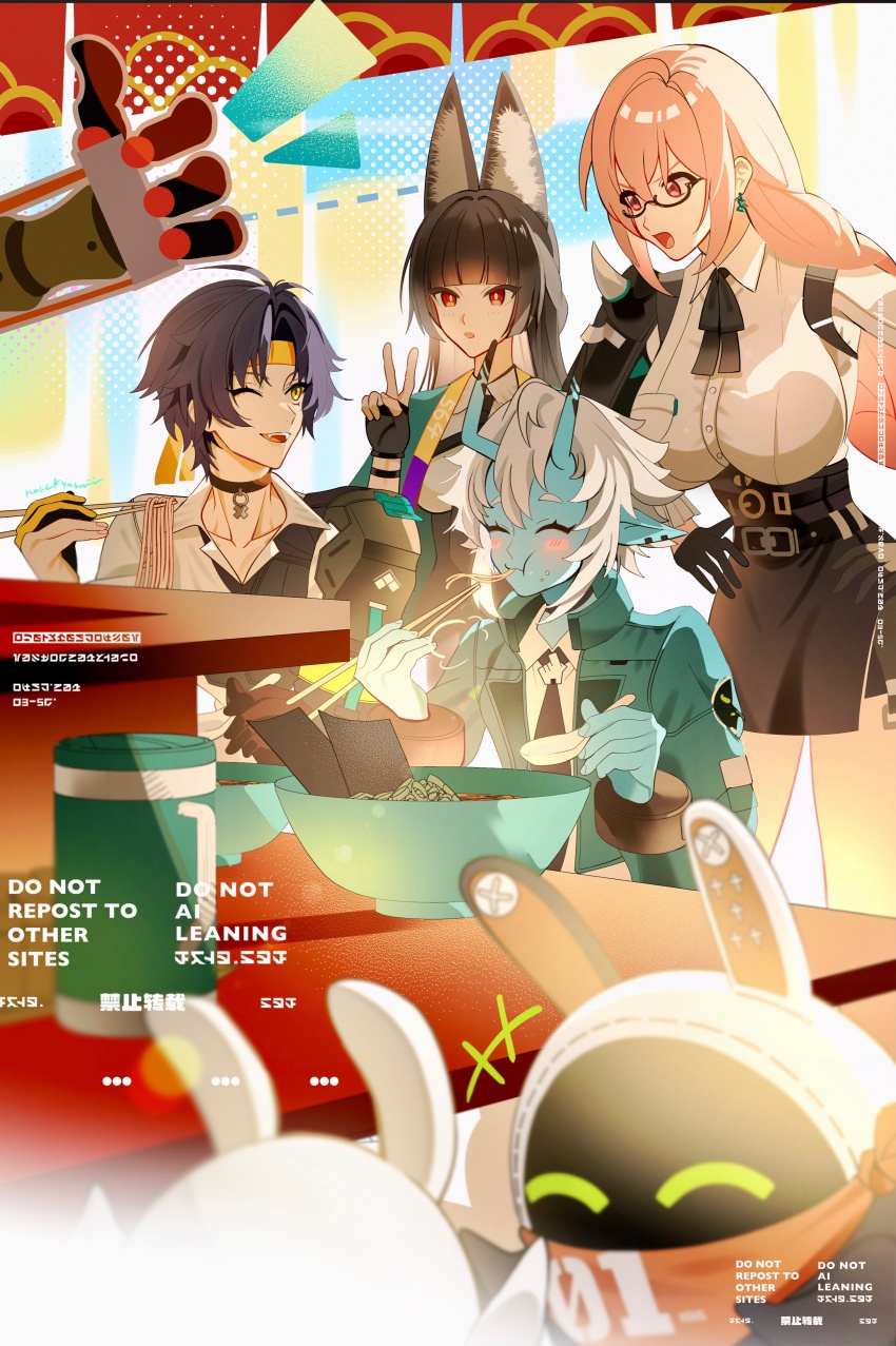1boy 1other 3girls absurdres animal_ears asaba_harumasa bangboo_(zenless_zone_zero) black_hair black_skirt blunt_bangs breasts censored dress_shirt eating eous_(zenless_zone_zero) fox_ears fox_girl glasses hair_between_eyes high-waist_skirt highres horns hoshimi_miyabi large_breasts long_hair mosaic_censoring multiple_girls naru9 oni open_mouth outdoors parted_bangs pencil_skirt pink_hair red_eyes shirt short_hair sidelocks skirt smile soukaku_(zenless_zone_zero) tsukishiro_yanagi white_hair yellow_eyes zenless_zone_zero