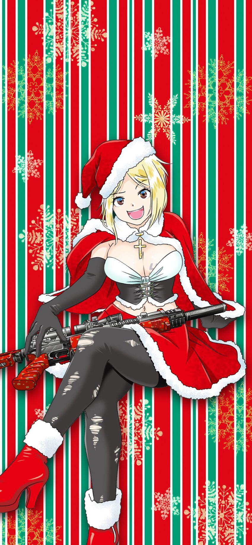 absurdres anonymous_(japanese) black_gloves black_pantyhose blonde_hair bodice boots breasts brown_eyes capelet cross_pendant crossed_legs elbow_gloves fur-trimmed_boots fur-trimmed_capelet fur-trimmed_skirt fur_trim gloves gun hat high_heels highres holding holding_gun holding_weapon japanon looking_at_viewer marichka medium_breasts midriff miniskirt navel non-web_source original pantyhose red_boots red_capelet russo-ukrainian_war santa_hat skirt swastika_tattoo teeth thick_thighs thighs tongue torn_clothes torn_pantyhose weapon