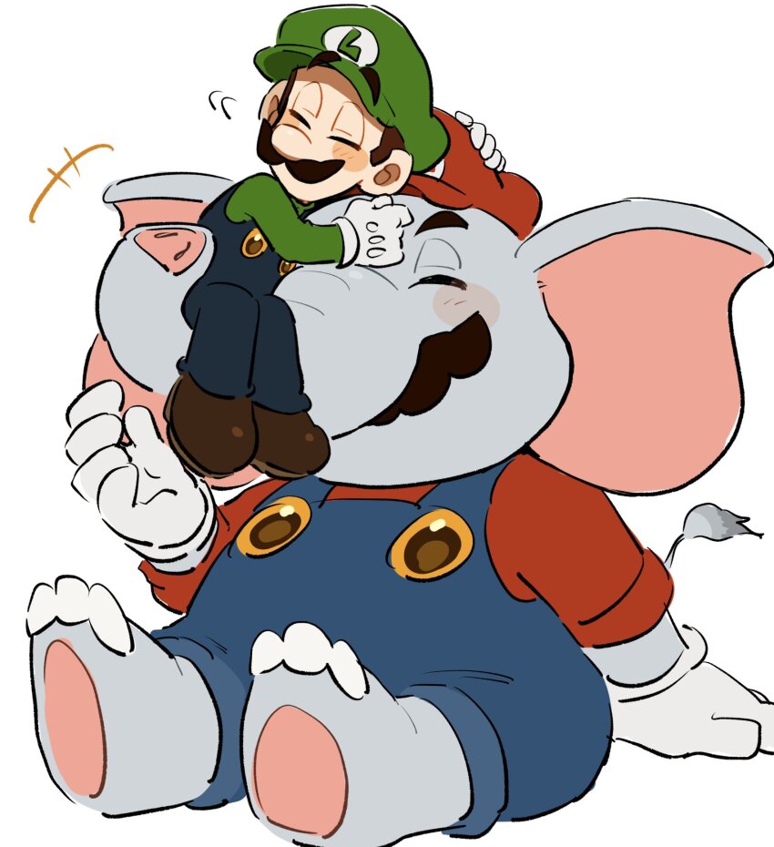 2boys animal_ears barefoot blue_eyes blue_overalls brothers brown_footwear brown_hair cabbie_hat elephant_boy elephant_ears elephant_mario elephant_tail facial_hair hat highres initial letter_print luigi male_focus mario mario_(series) mimimi_(mimimim9999) multiple_boys mustache nintendo outstretched_arms overalls siblings super_mario_bros._wonder