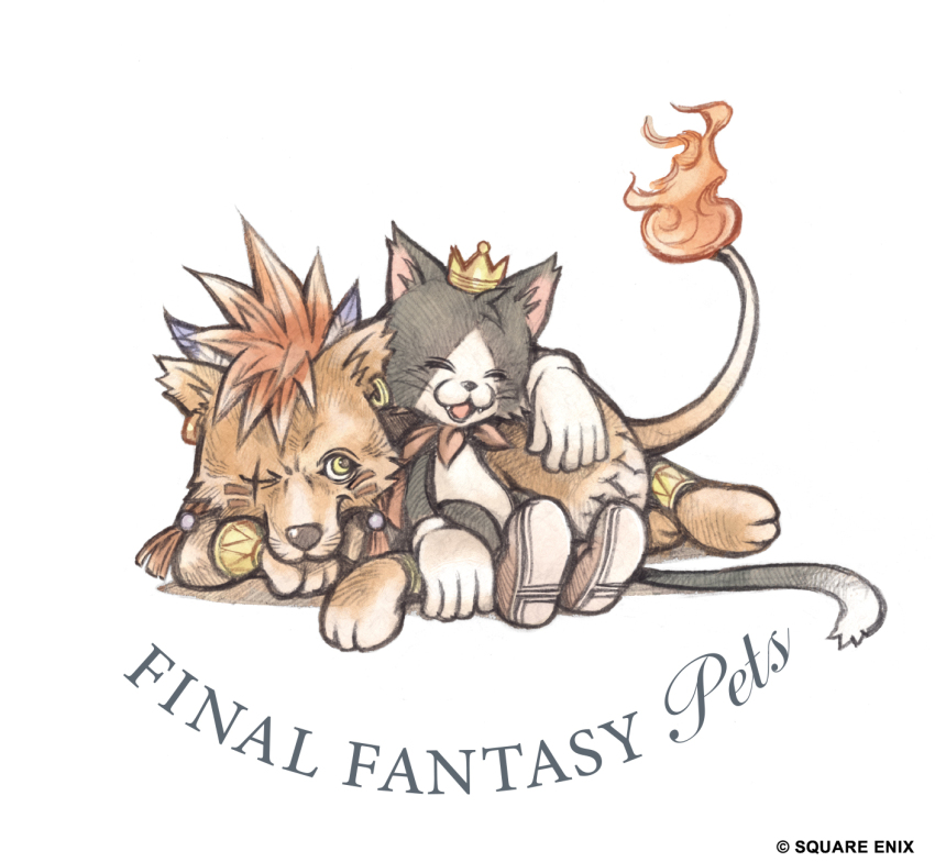 animal animal_earrings beads black_fur boots cait_sith_(final_fantasy) cape cat closed_eyes crown facial_mark fangs feather_hair_ornament feathers final_fantasy final_fantasy_vii final_fantasy_vii_remake flame-tipped_tail full_body gloves hair_beads hair_ornament highres mini_crown no_humans official_art one_eye_closed orange_fur red_cape red_hair red_xiii scar scar_across_eye scar_on_face sidelocks sitting smile square_enix tuxedo_cat two-tone_fur white_background white_fur white_gloves yellow_eyes