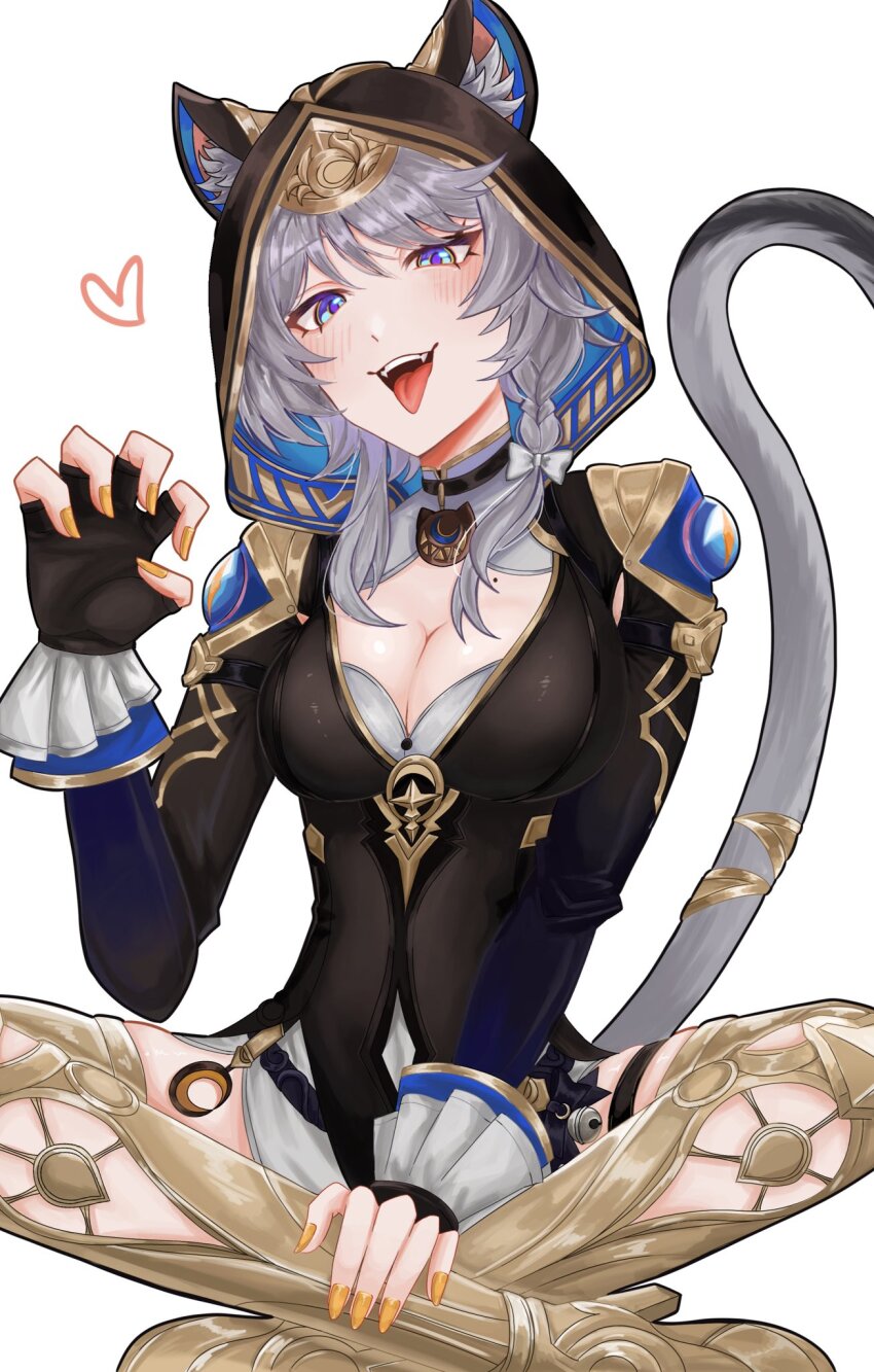 1girl animal_ear_fluff animal_ears animal_hood ba_saashi3 black_gloves black_leotard blue_eyes boots breasts cat_ears cat_girl cat_hood cat_tail cipher_(honkai:_star_rail) commentary_request fingerless_gloves gloves gold_boots grey_hair highres honkai:_star_rail honkai_(series) hood hooded_leotard indian_style large_breasts leotard mole mole_on_breast open_mouth short_hair_with_long_locks simple_background sitting solo tail thigh_boots white_background yellow_nails